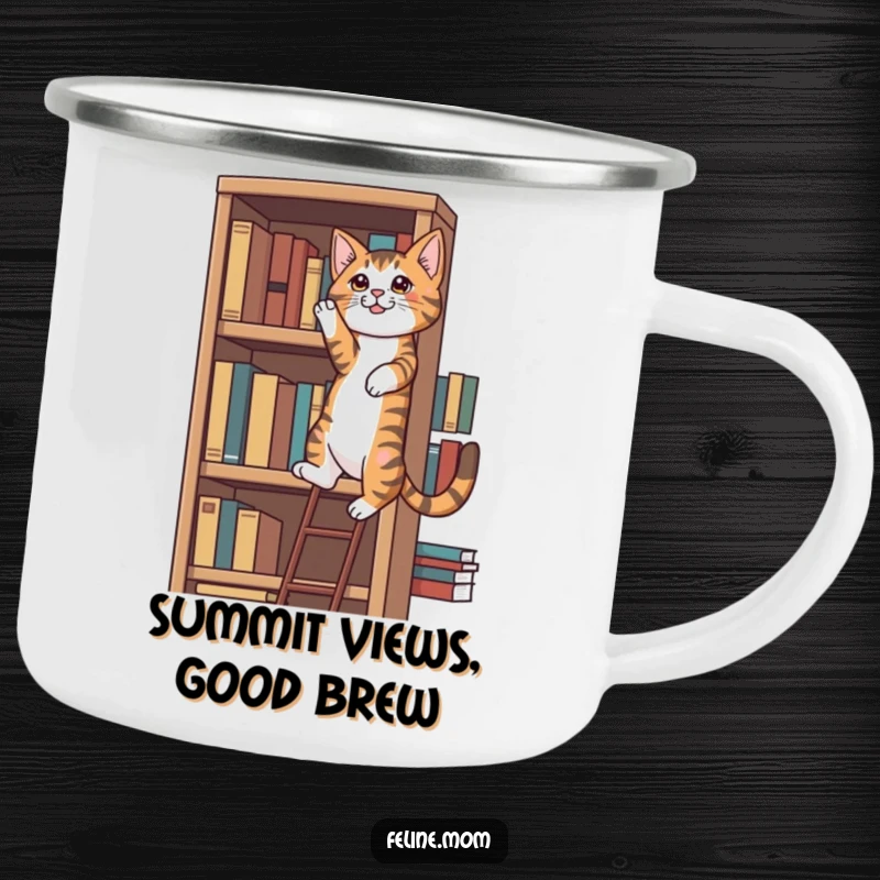 Funny determined tabby cat climbing a bookshelf, a sturdy and funny gift for outdoor enthusiasts.