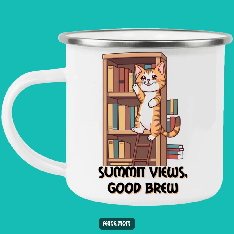 Funny Tabby Cat Camping Mug: Bookshelf Climber's Adventure