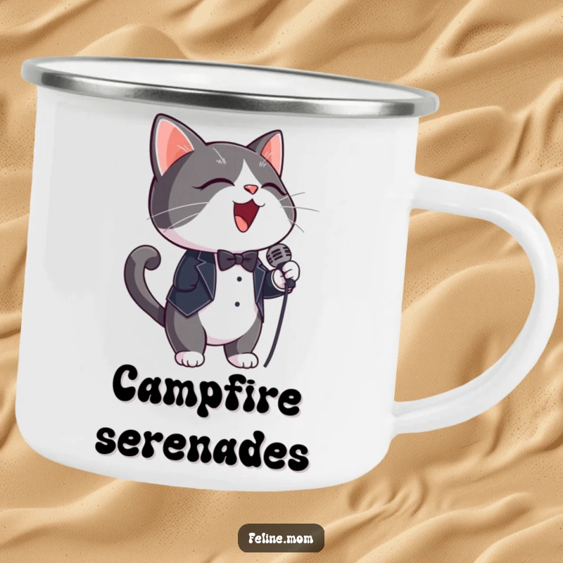 Funny Camping Mug: A tuxedo cat wearing a microphone, perfect for your outdoor drinks.