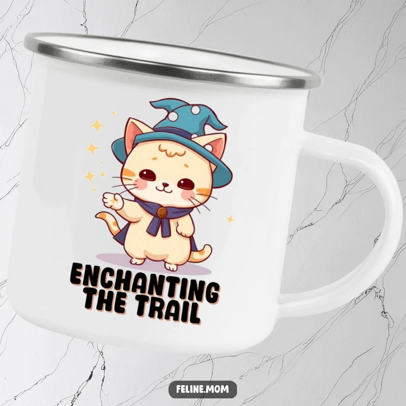 Funny wizard cat in a wizard hat, holding a camping mug, conjuring dust, outdoor, durable, funny gift.