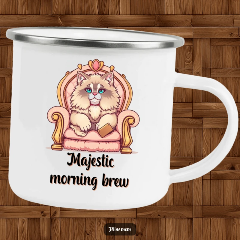 Funny Maine Coon camping mug featuring a fluffy cat lounging regally on a throne, perfect for enjoying beverages outdoors with hilarious pomp.