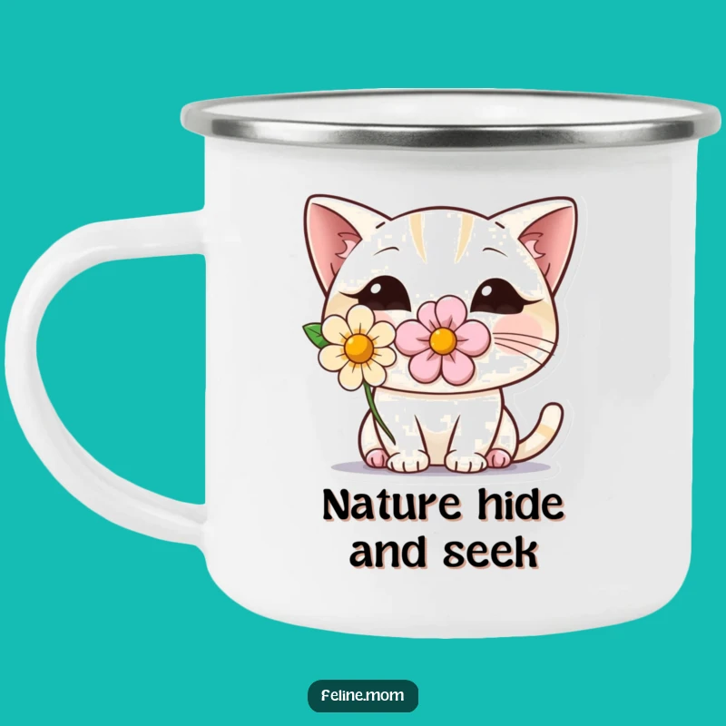 Funny Shy Cat Camping Mug: Durable Peeking Feline Enamel Cup, Adventurous Funny Gift