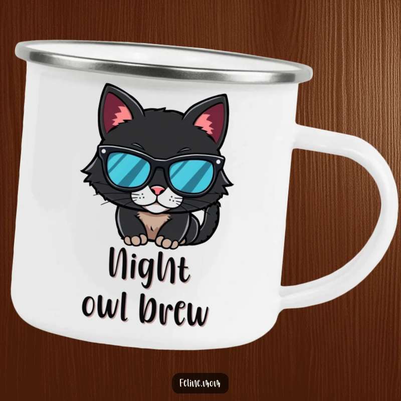 Funny Camping Mug with a black cat wearing sunglasses, perfect for enjoying beverages with mysterious cool outdoors.