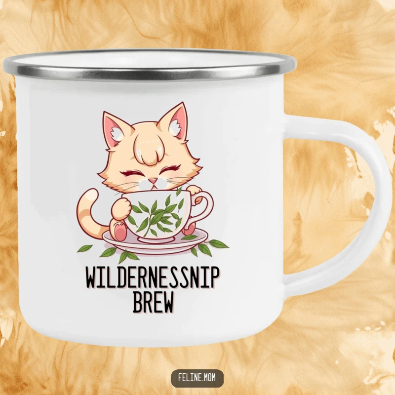 Funny illustration of a cat lady attempting to drink from a teacup filled with catnip, on a camping mug.