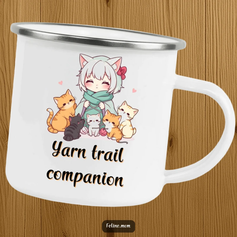 Funny Kawaii cat lady character draped in yarn with playful cats on a rustic enamel camping mug. Perfect for outdoor crafters.