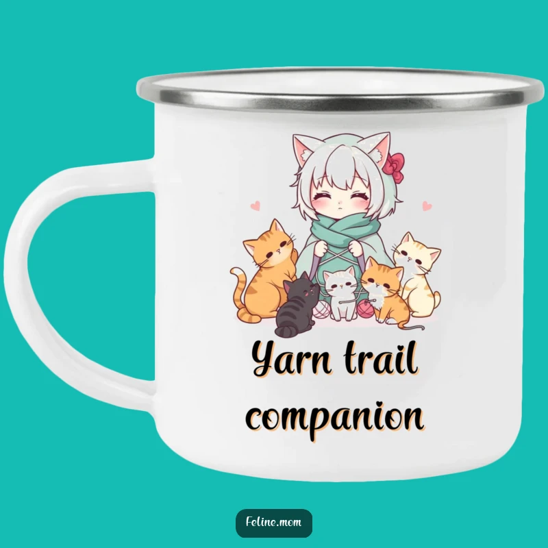 Funny Kawaii Cat Lady Enamel Mug: Craft Adventures with Yarn and Cats