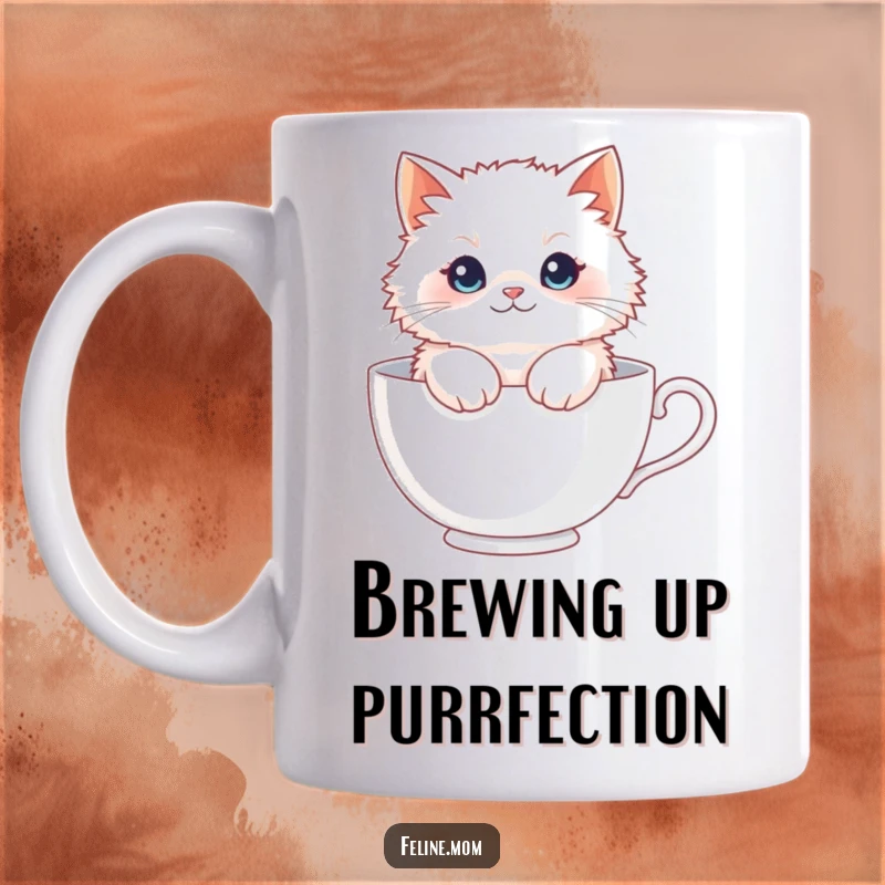 Funny Fluffy Cat Teacup Mug: A fluffy white cat sits contentedly inside a giant teacup, creating a charming and humorous scene.