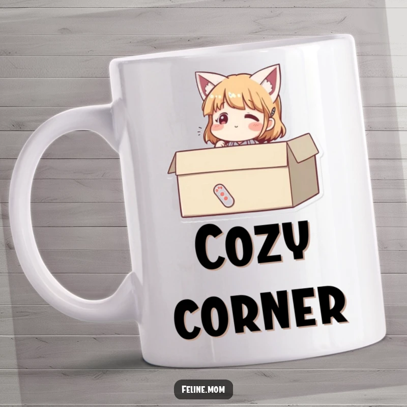 Funny mug showing a woman sitting contentedly in a cardboard box, looking happy and relaxed. A humorous depiction of feline joy.