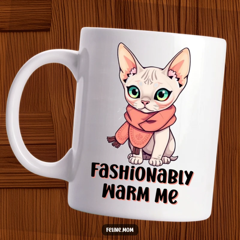 Funny Sphynx cat mug showcasing a curious, hairless feline sporting a tiny, elaborate, colorful scarf, looking quite pleased with its fashion sense.