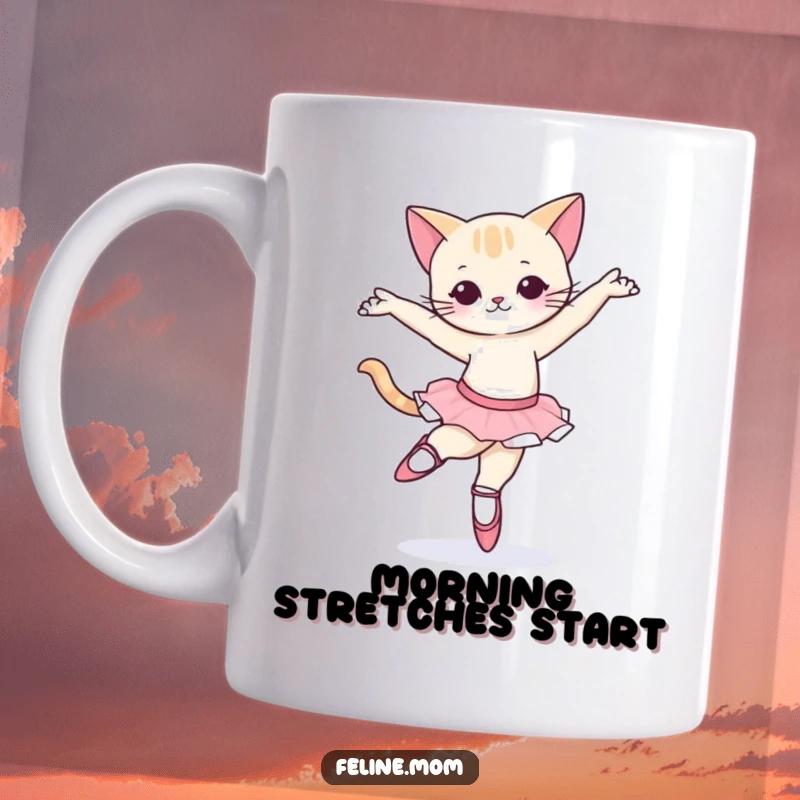Funny Ballet Cat Mug: A graceful cat wearing ballet slippers, attempting a delicate pirouette with charming focus.