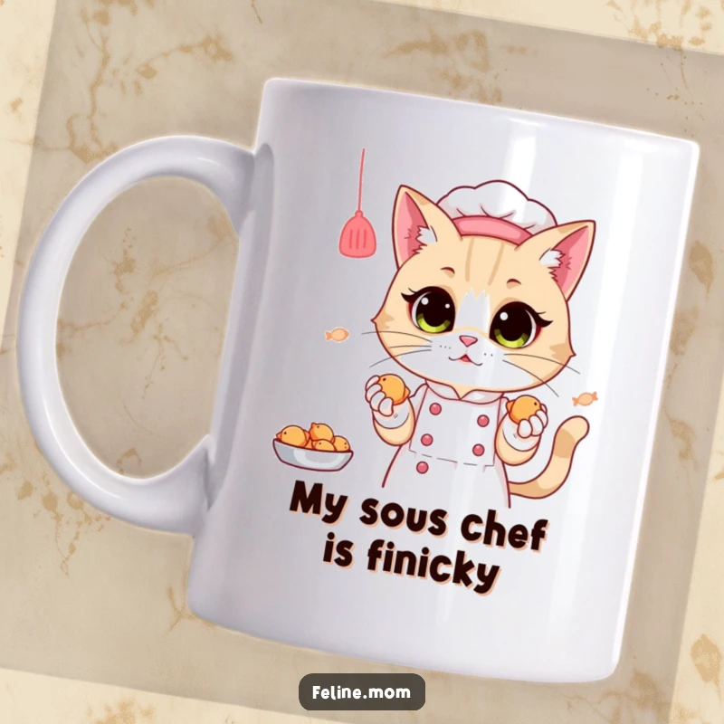 Funny Mug: A cat lady in a chef hat happily offers tiny fish treats, showcasing her culinary skills to her feline friends.