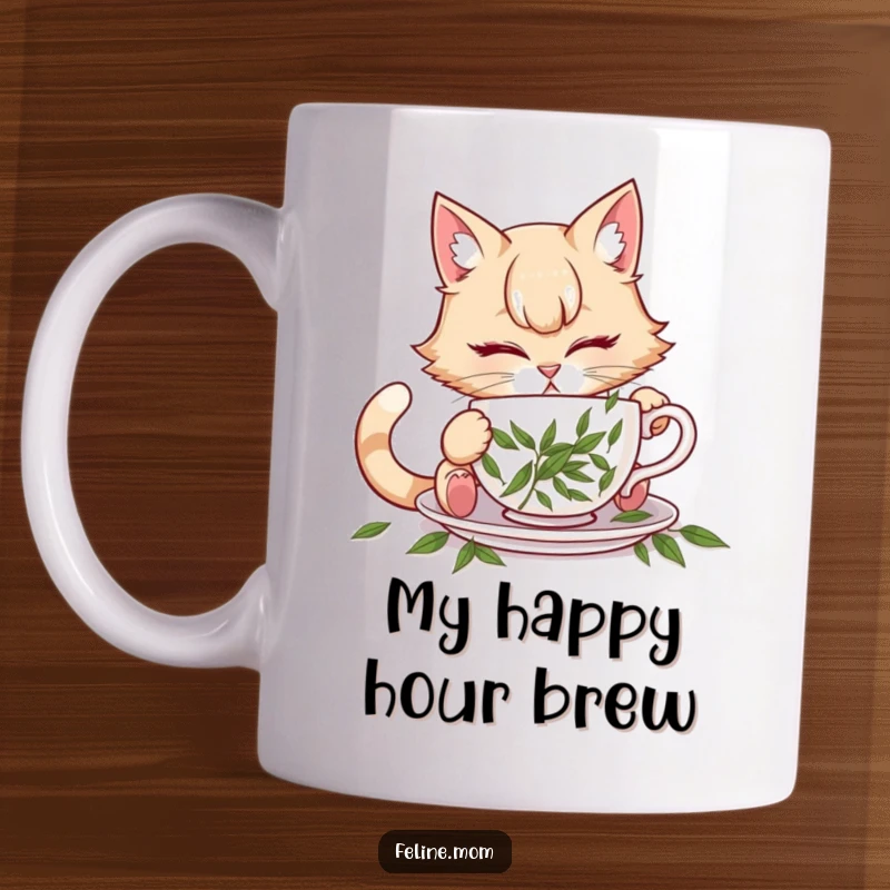 Funny illustration of a cat lady attempting to drink from a teacup filled with catnip, on a mug.