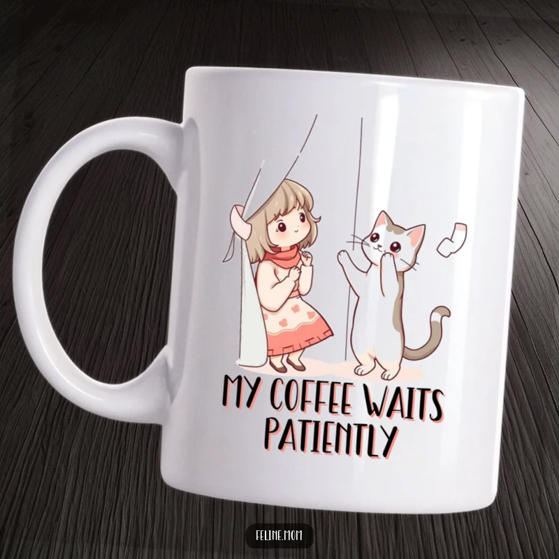 Funny illustration of a cat lady reaching for a cat climbing a curtain, on a ceramic mug.