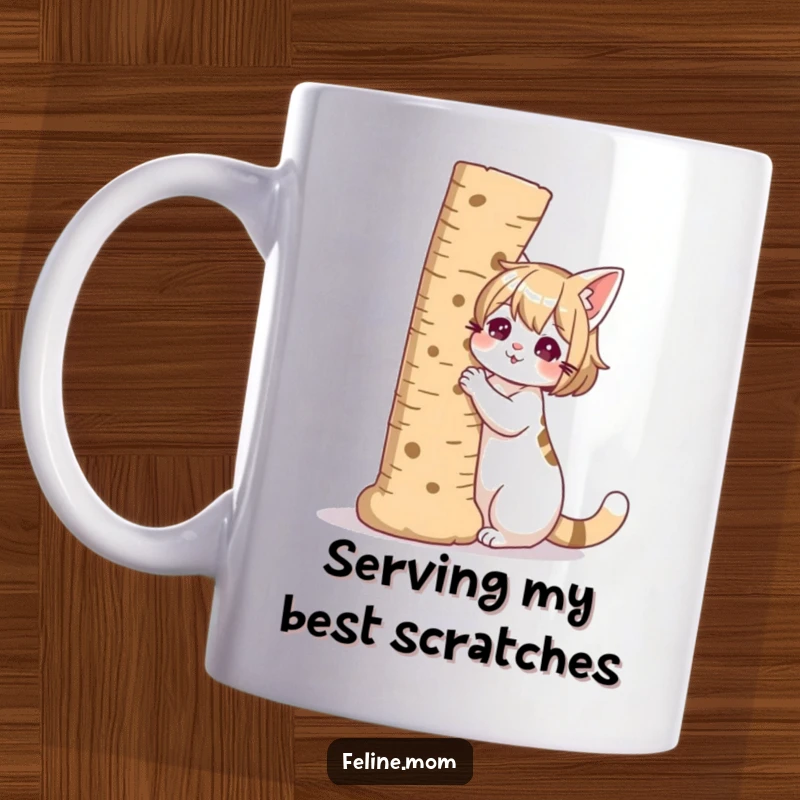 Funny illustration of a cat lady with a giant scratching post as her companion, on a mug.