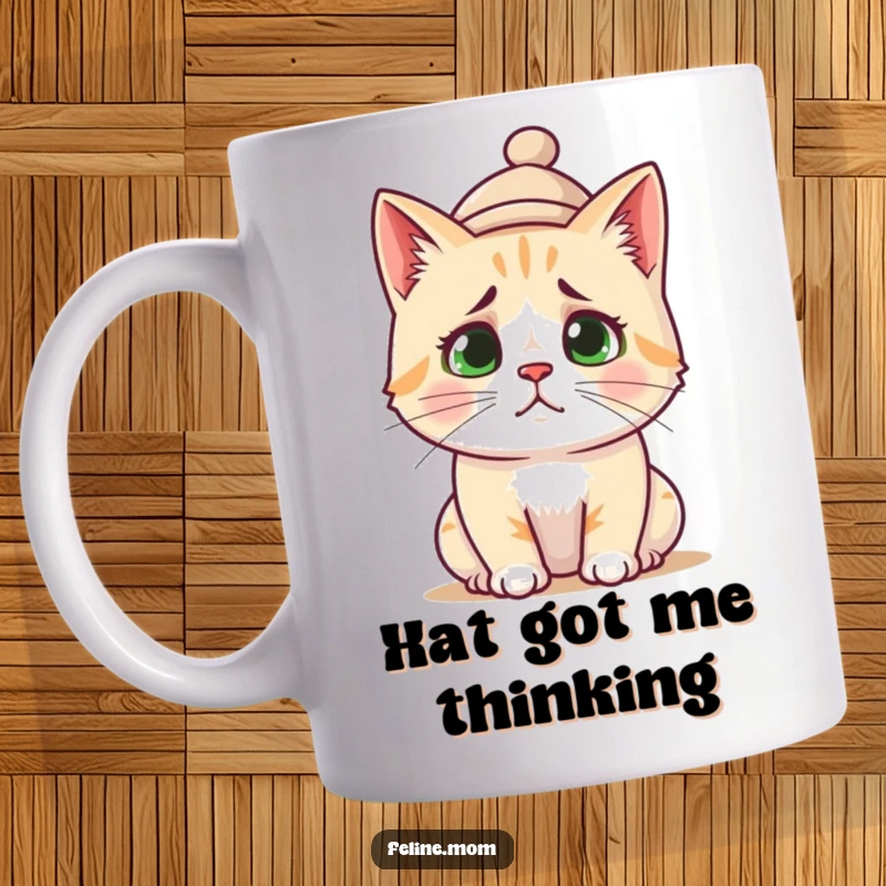 Funny Mug: A charmingly confused cat sports a tiny, tilted hat, looking utterly perplexed.