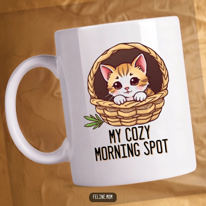Funny cat mug with a curious feline peeking out from a cozy, woven basket.