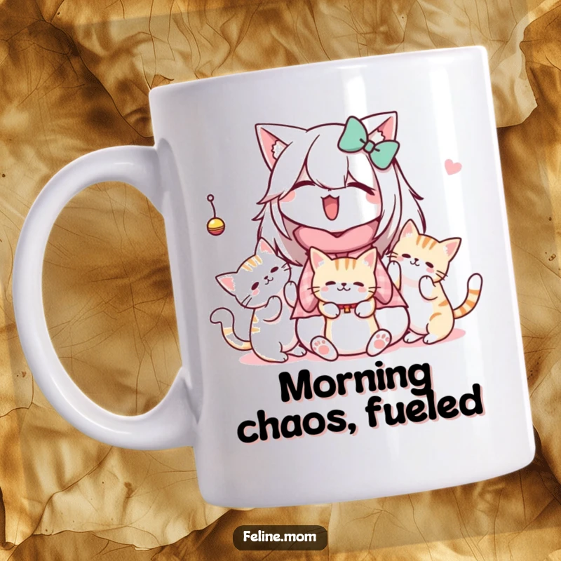 Funny Kawaii Cat Lady Mug depicting a cute character amused by cats enthusiastically playing with a dangling toy.