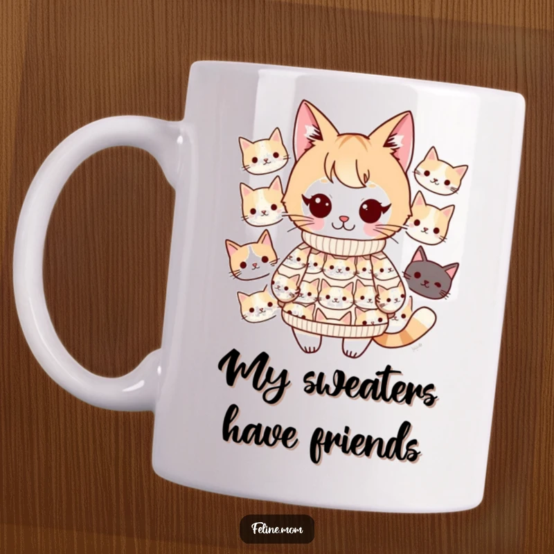 Funny Kawaii cat lady character wearing a sweater adorned with multiple cat faces, looking cozy and content. An adorable and humorous design.