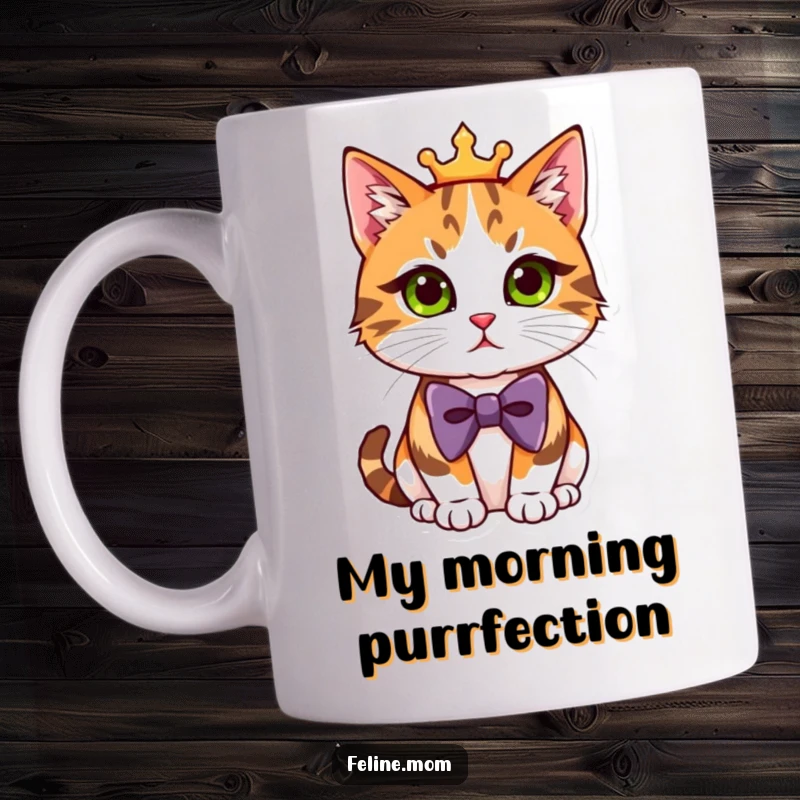 Funny Mug featuring a regal calico cat in a bowtie, looking distinguished and ready for a tea party.