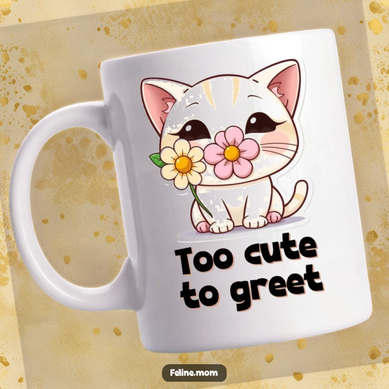 Funny shy cat wearing a flower peeking from behind a plant, adorable and timid feline illustration for a coffee mug.