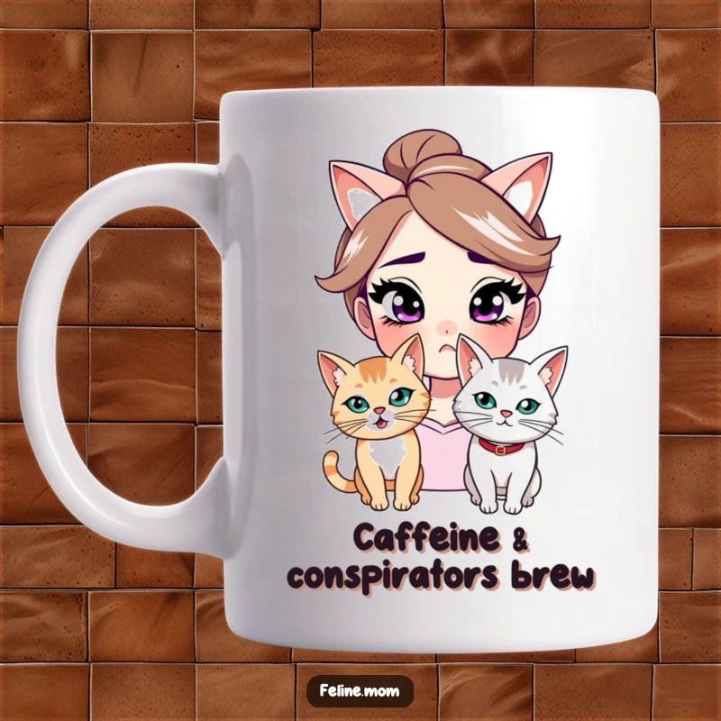 Funny mug showing a woman with a knowing smirk and a mischievous cat, implying shared secrets and playful plotting, perfect for cat lovers.