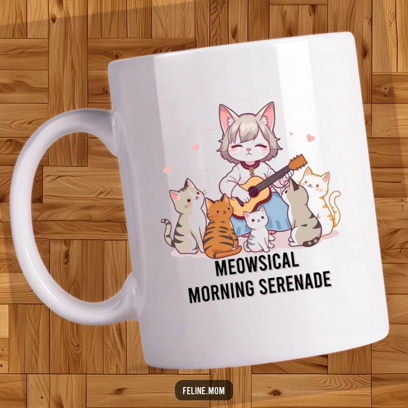 Funny Mug: A cat lady plays a tiny guitar, serenading a group of captivated cats who are listening intently.
