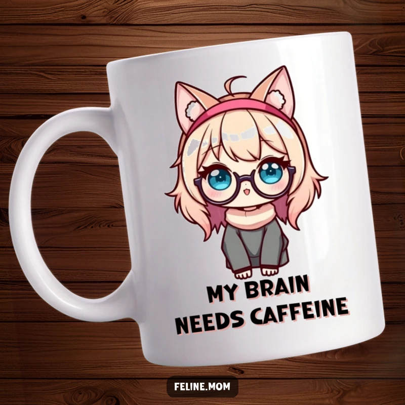 Funny Kawaii Cat Lady Mug featuring a cute character with cat ears and glasses, looking studious and sweet.