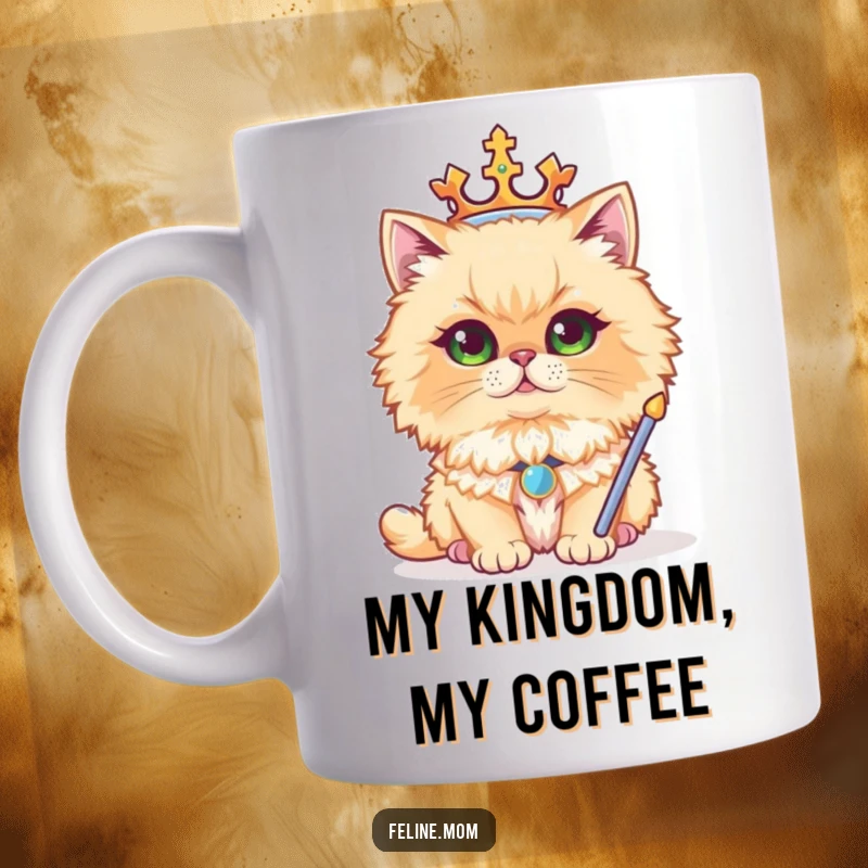 Funny mug with a regal Persian cat wearing a golden crown and holding a sceptre, looking undeniably majestic and amused.