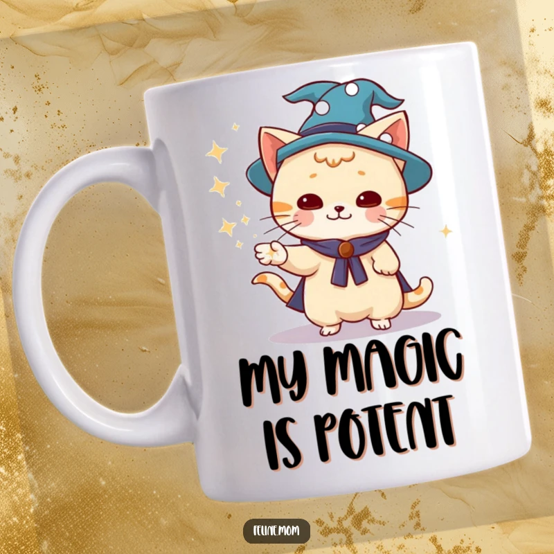 Funny wizard cat wearing a hat, playfully conjuring sparkling dust, magical, whimsical, perfect gift for cat lovers.