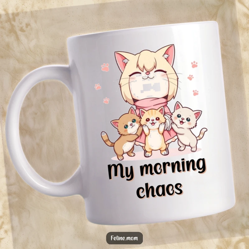 Funny Kawaii cat lady mug showing a cute character joyfully juggling three playful kittens, surrounded by adorable cat-themed charm.