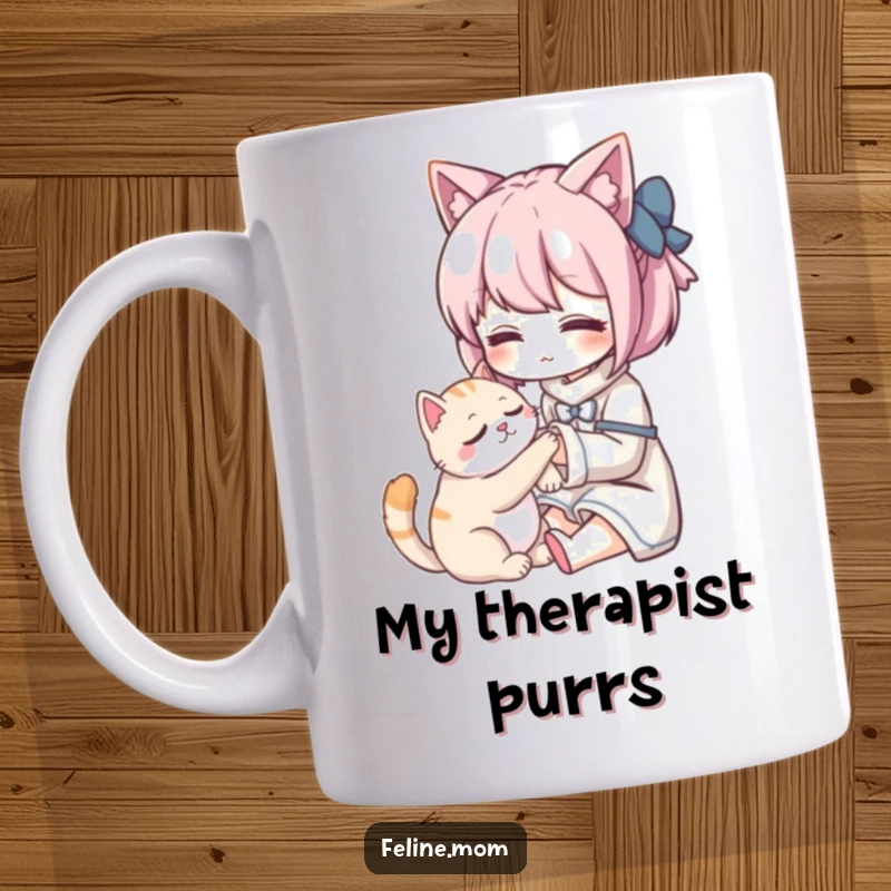 Funny Kawaii cat lady character gently petting a happy, purring cat, radiating warmth and love. A sweet moment captured.