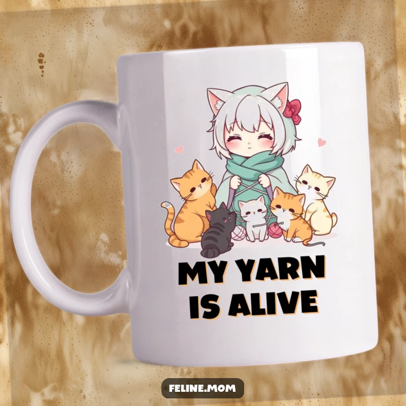 Funny Kawaii cat lady character draped in colorful yarn, with playful cats tangled around her. A scene of delightful chaos.