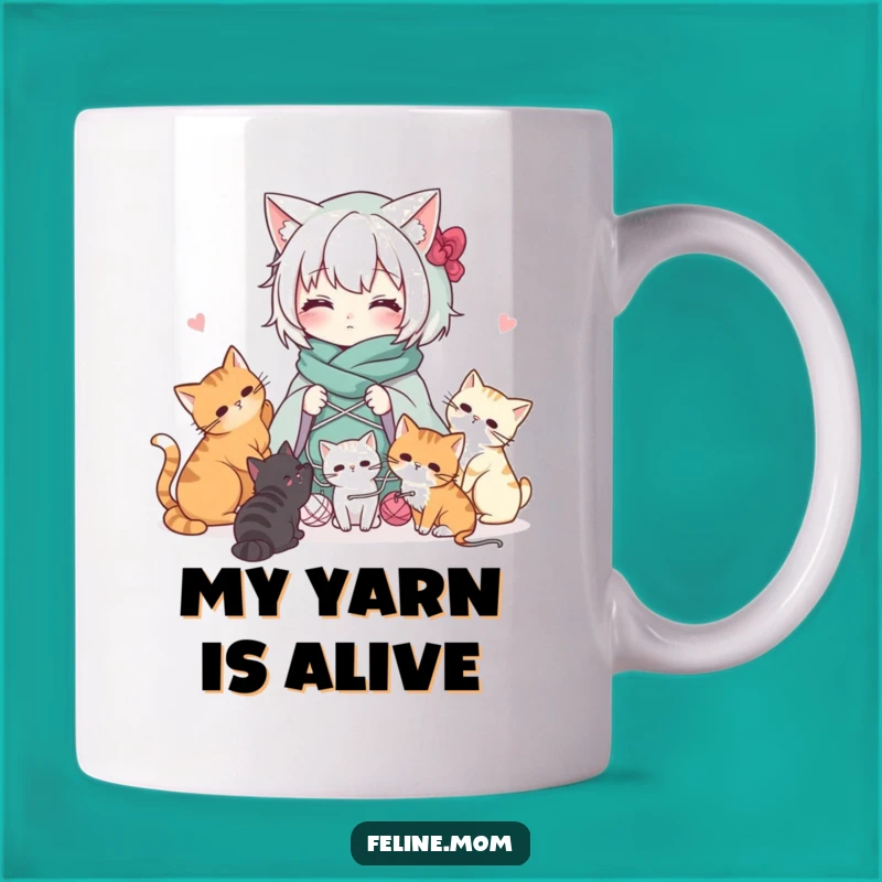 Funny Kawaii Cat Lady Yarn Mug: Embrace Crafty Chaos with Feline Friends