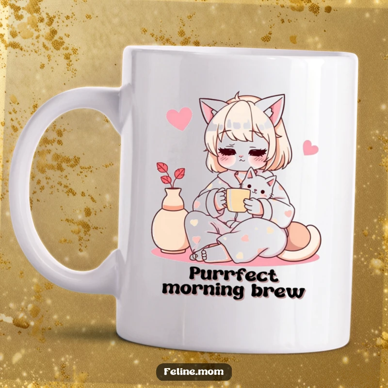 Funny cat lady in cozy pajamas sharing tea with her cat, a heartwarming and humorous scene for a ceramic mug.