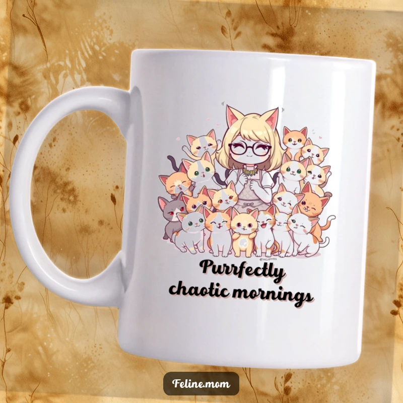 Funny cat lady embracing a playful mob of energetic kittens, showcasing the joyous chaos of being surrounded by feline friends on a mug.