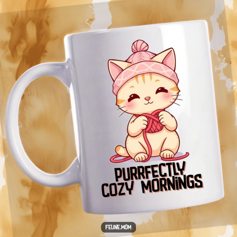 Funny cute cat character wearing a tiny yarn hat, happily knitting a scarf, perfect funny gift for crafters.