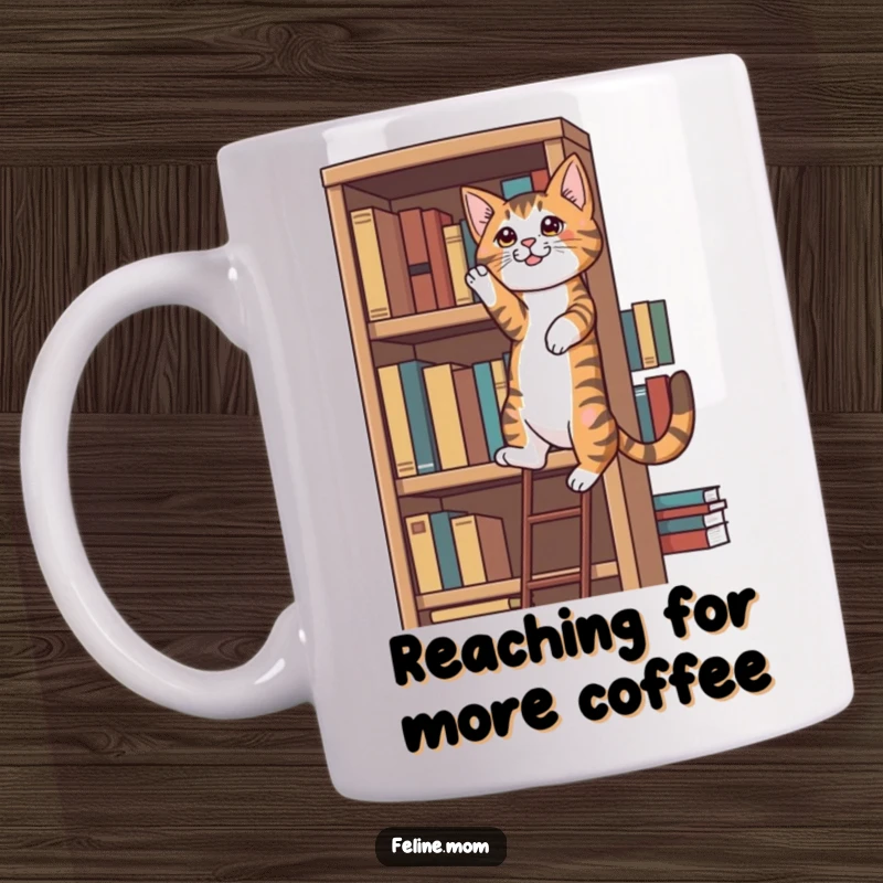 Funny determined tabby cat attempting to climb an impossibly tall bookshelf, a motivational and funny gift.