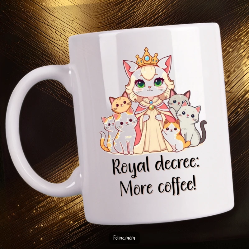 Funny cat lady dressed as a regal queen, with her cats serving as her loyal court, on a mug.