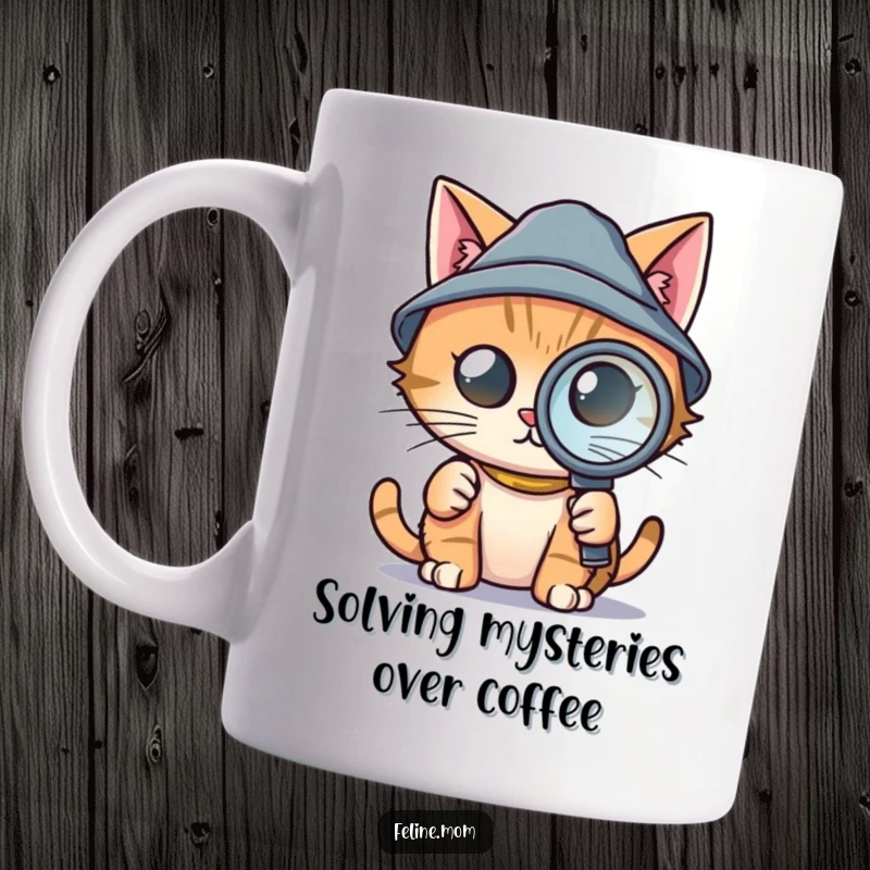 Funny mug featuring a determined cat wearing a tiny detective hat and holding a magnifying glass, looking intently for clues, a perfect funny gift.