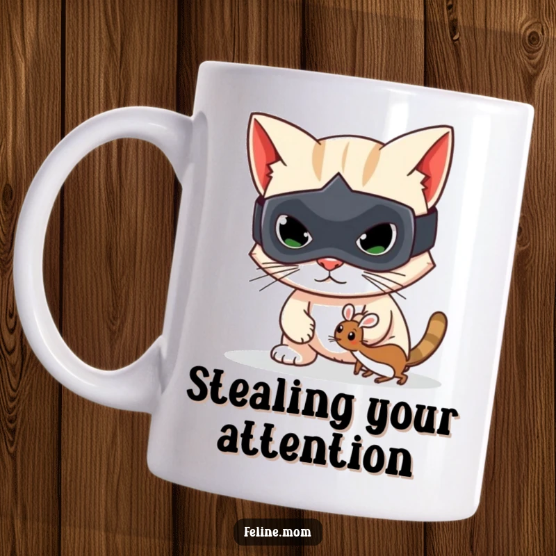 Funny cat mug featuring a mischievous bandit cat in a mask, stealthily grabbing a toy mouse, ideal for gifting.