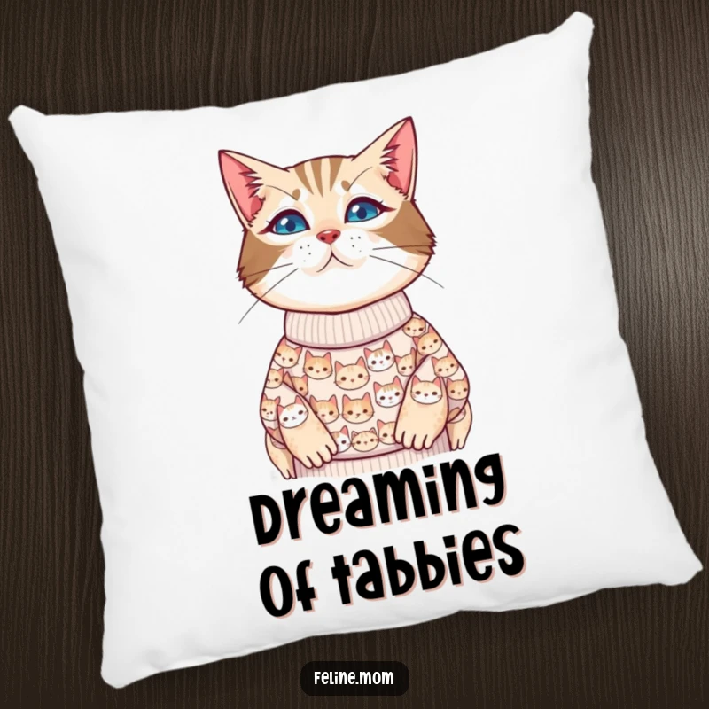 Funny cat lady pillow designed like a sweater covered in small cat faces, providing comfort and cat-themed charm.