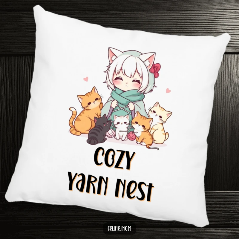 Funny Kawaii cat lady character wrapped in yarn with playful cats, on a plush, decorative pillow. Soft and creatively chaotic.