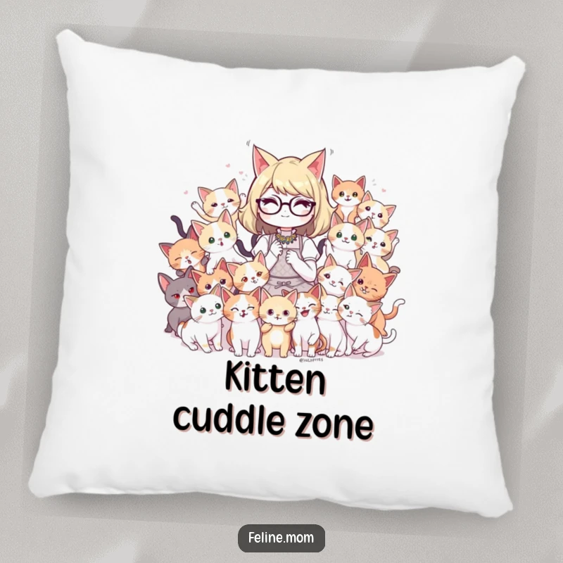 Funny cat lady design with a playful mob of kittens on a soft pillow, perfect for adding comfort and feline humor to any room.