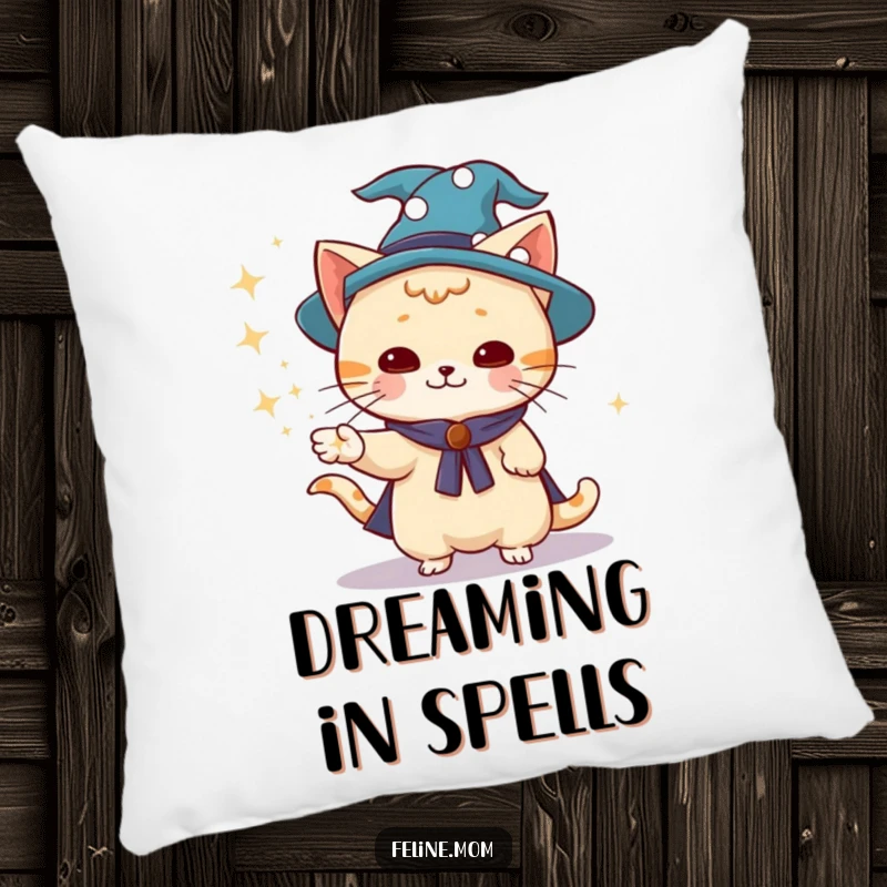 Funny wizard cat wearing a wizard hat, conjuring sparkling dust, soft pillow, magical decor, whimsical, funny gift.
