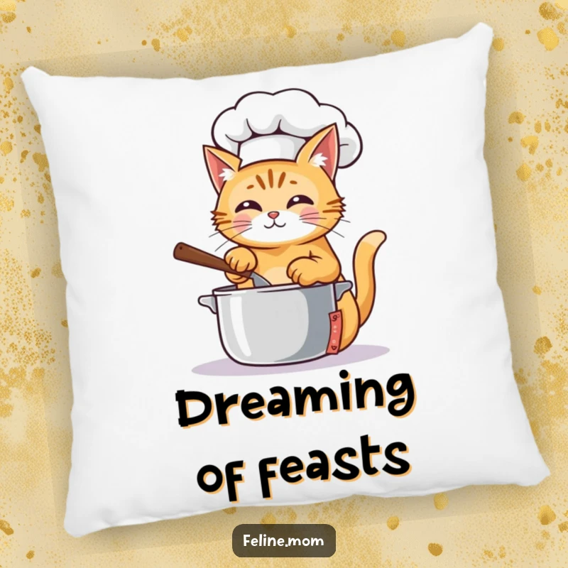 Funny Pillow showcasing a ginger cat chef in a hat, stirring a pot, providing comfort and culinary humor.