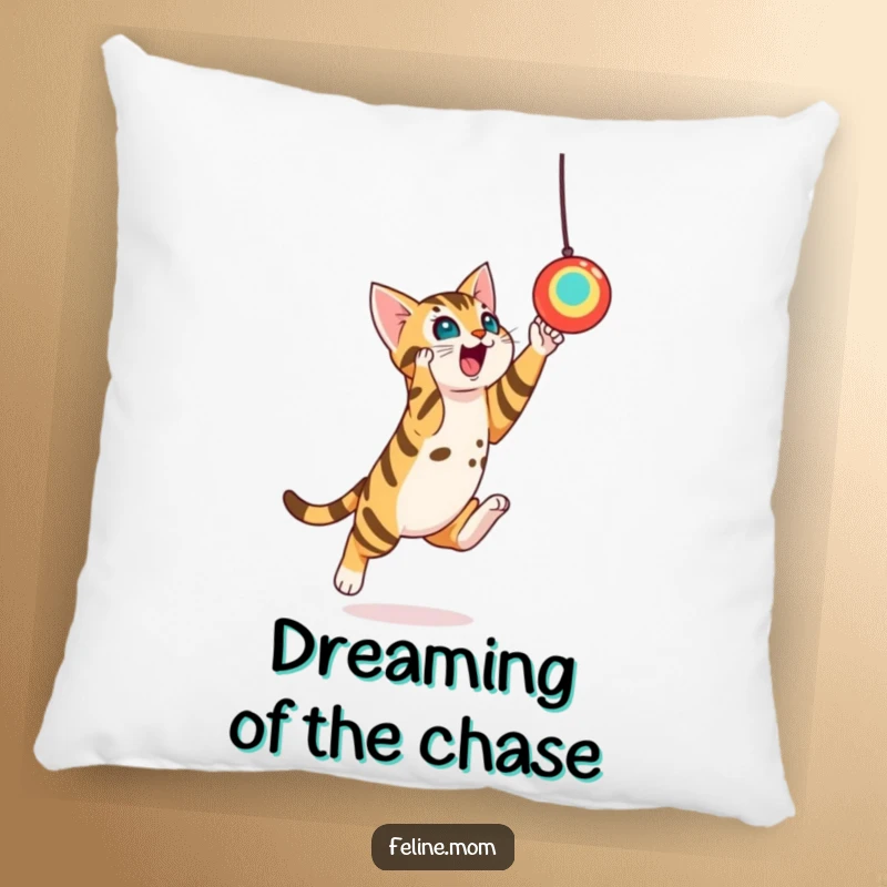 Funny Bengal Cat Toy Leap Pillow: A Bengal cat leaping towards a toy, offering comfort and a touch of playful feline energy.