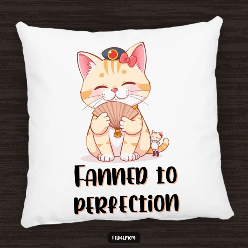 Funny pampered cat pillow featuring a cat being fanned by a tiny attendant, offering hilarious comfort and a symbol of extreme feline indulgence.