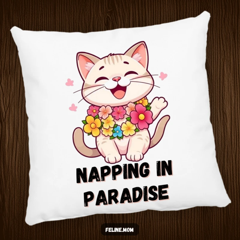 Funny happy cat wearing a colorful lei, swaying, tropical pillow, cozy cushion, island vibes, funny gift.