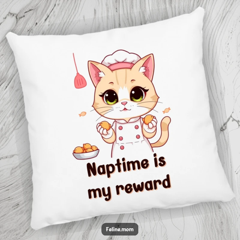 Funny Pillow: A charming cat lady chef offers tiny fish treats on a comfortable pillow, perfect for cat lovers.