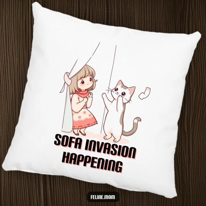 Funny illustration of a cat lady reaching for a cat climbing a curtain, on a soft decorative pillow.